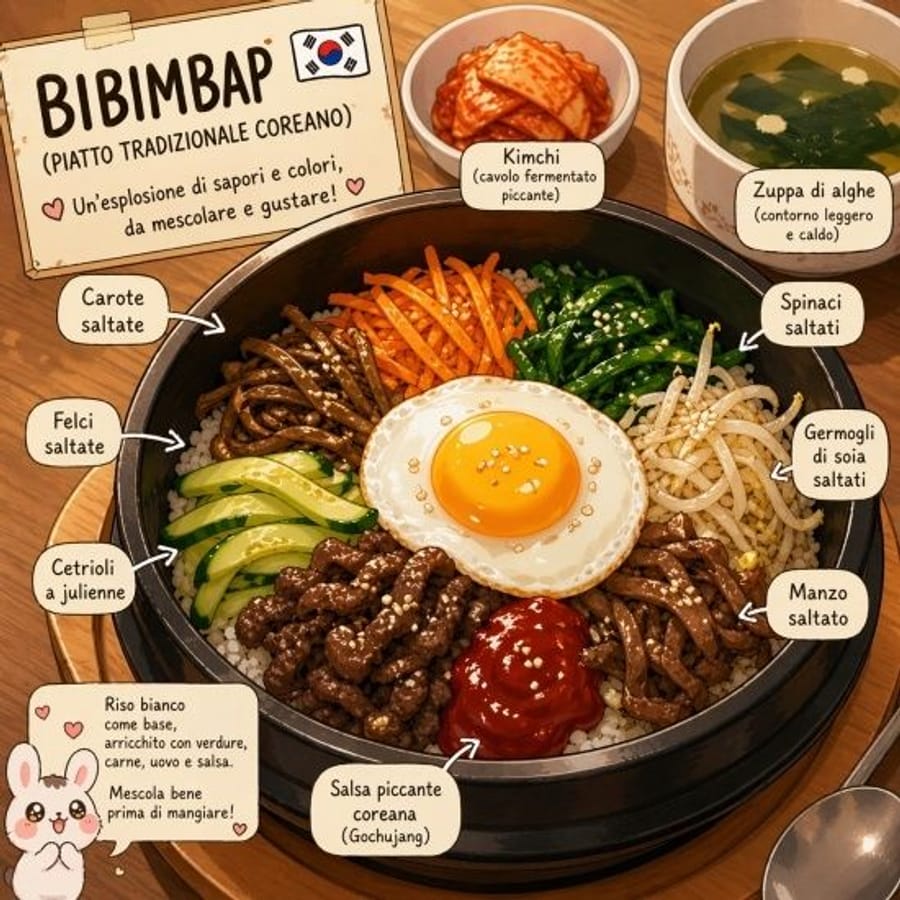 Il disegno del bibimbap pubblicato da Gu Gu, con gli ingredienti annotati in italiano: carote saltate, felci, cetrioli a julienne, manzo saltato, germogli di soia, spinaci, kimchi e zuppa di alghe